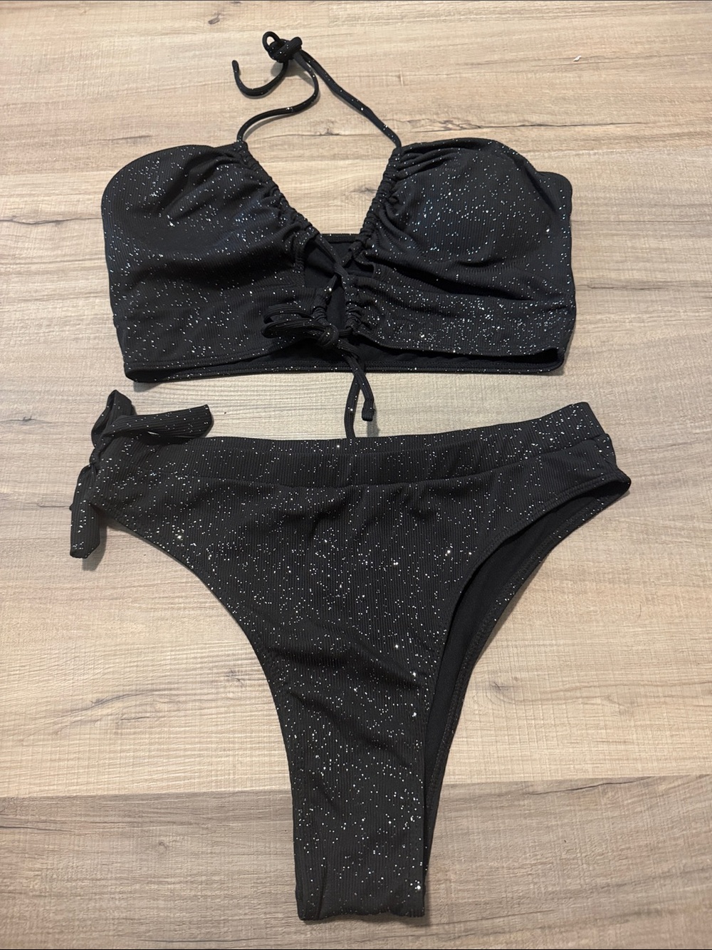 NEW SHEIN Black Sparkle Lace-Up Bikini Set